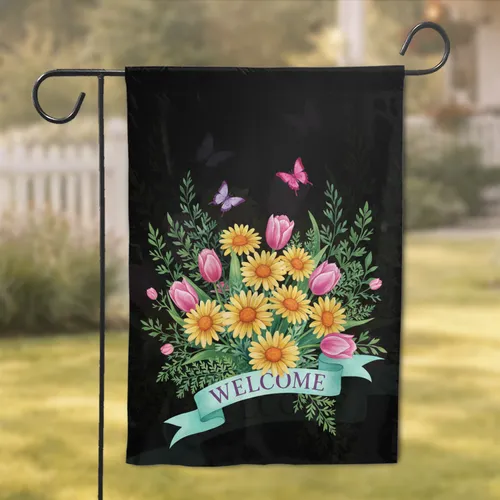 Black Garden Welcome Daisies Tulips Butterflies - Home Decor Gift Garden Flag