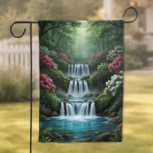 Waterfalls Rocky Cliffs Foliage Rhododendron Azalea - Nature Lover Home Decor Gift Garden Flag