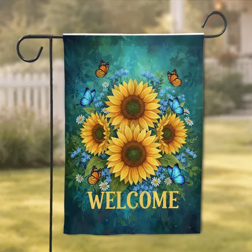 Golden Sunflowers Monarch Butterflies Forget-Me-Nots Welcome Script - Home Decor Gift Garden Flag