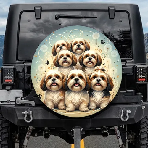 Six Fluffy Shih Tzu Dogs Dandelion Paw Prints Outdoor Journey - Gift for Dog Lovers Spare Tire Cover