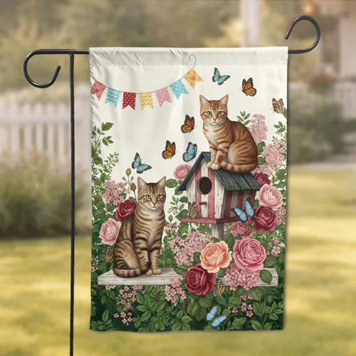 Tabby Cats Birdhouse Garden Roses Butterflies Bunting - Cat Lover Home Decor Gift Garden Flag