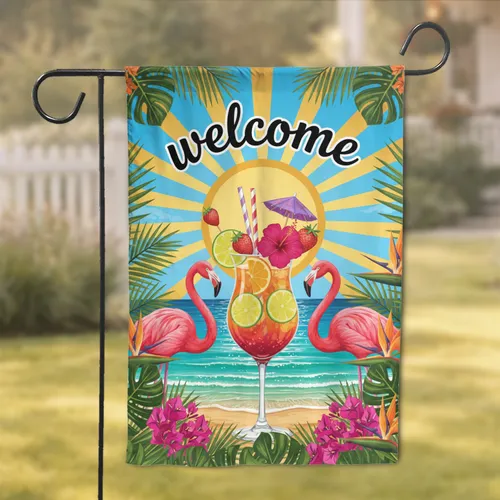 Welcome Tropical Cocktail Flamingos Golden Sun - Tropical Beach Home Decor Garden Flag