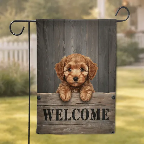 Fluffy Miniature Poodle Puppy on Rustic Welcome Sign - Home Decor Gift for Dog Owners Garden Flag