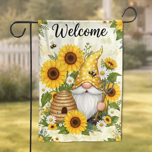 Welcome Garden Gnome Sunflowers Bees - Home Decor Gift for Garden Lover Garden Flag