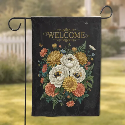 Welcome Floral Peony Chrysanthemum Dahlia Bumblebees - Home Decor Gift Garden Flag
