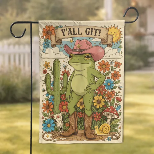 Green Frog Cowboy 'Y'ALL GIT!' Saguaro Desert Farmhouse Home Decor Gift Garden Flag