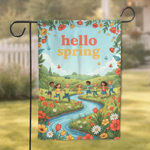 Hello Spring Children Playing River Landscape - Outdoor Garden Decor Garden Flag