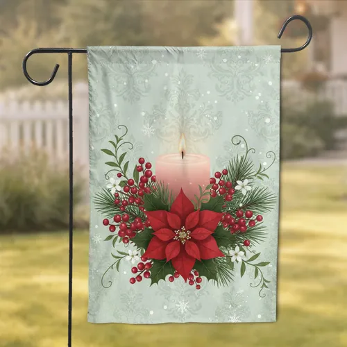Pink Pillar Candle Poinsettia Holly Berries - Christmas Home Decor Gift Garden Flag