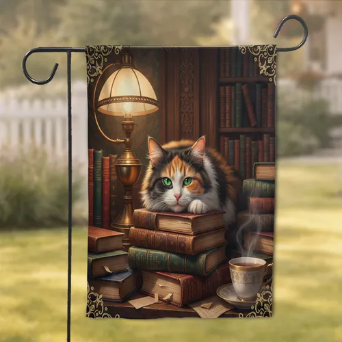 Sleepy Calico Cat Antique Books - Cozy Study Home Decor Gift for Book & Cat Lovers Garden Flag