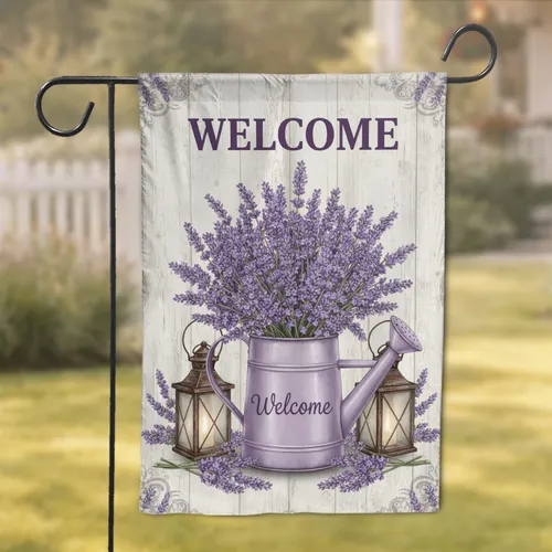 Welcome Watering Can Lavender Flowers Bronze Lanterns - Farmhouse Home Decor Gift Garden Flag