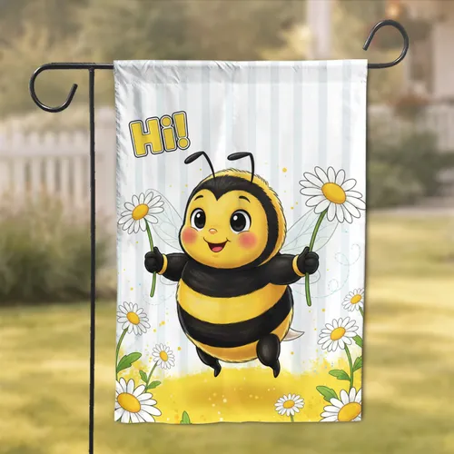 Plump Bumblebee White Daisy 'Hi!' Text - Spring Home Decor Gift for Bee Lovers Garden Flag