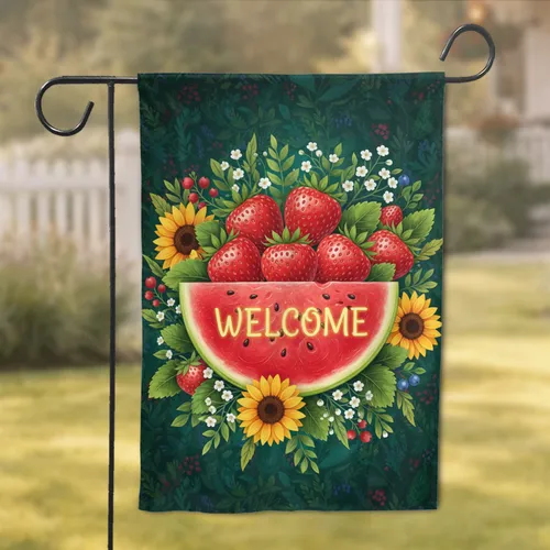 Strawberries Watermelon Welcome Sunflowers Foliage - Home Garden Decor Gift Garden Flag