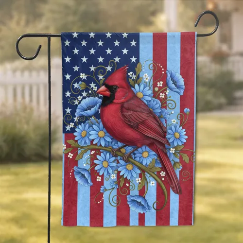 Northern Cardinal Daisy Poppy Flowers Patriotic Flag - Independence Day Wildlife Lover Gift Garden Flag