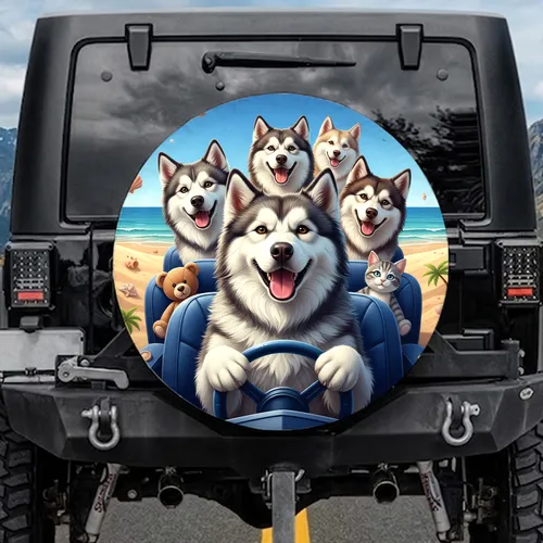 Five Husky Dogs Beach Ocean Ride - Dog Lover Travel Essentials Spare Tire Cover