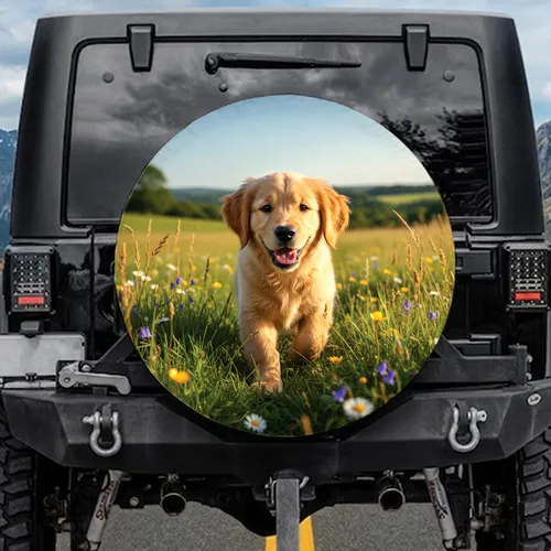 Fluffy Golden Retriever Puppy Running Sunlit Green Grass Landscape - Pet Lover Gift Spare Tire Cover