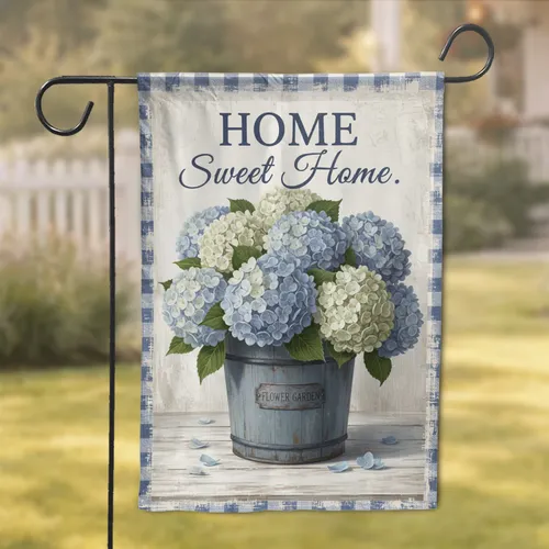 Distressed Wooden Hydrangea Bucket 'HOME Sweet Home' - Farmhouse Home Decor Gift Garden Flag