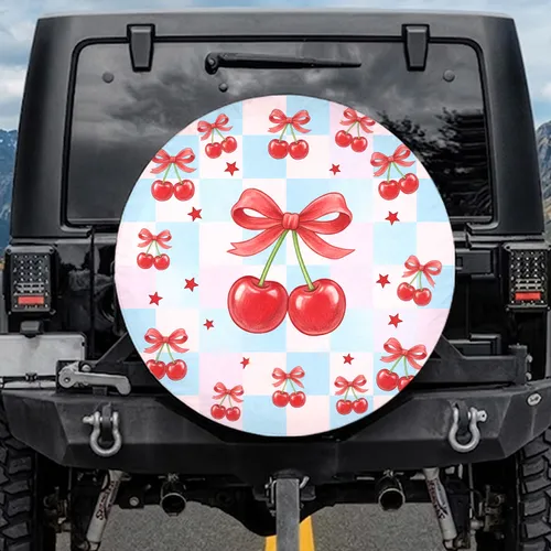 Red Cherries Tied Bow Pastel Checkerboard Home Decor Gift Spare Tire Cover