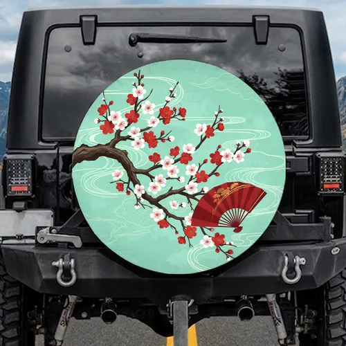 Cherry Blossom Tree Gnarled Branches Japanese Fan - Travel Essentials Gift for Vehicle Owners Spare Tire Cover