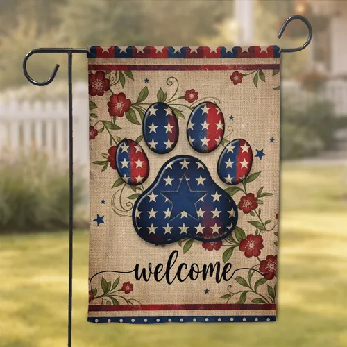 Rustic Patriotic Paw Print Welcome Home Decor Garden Flag