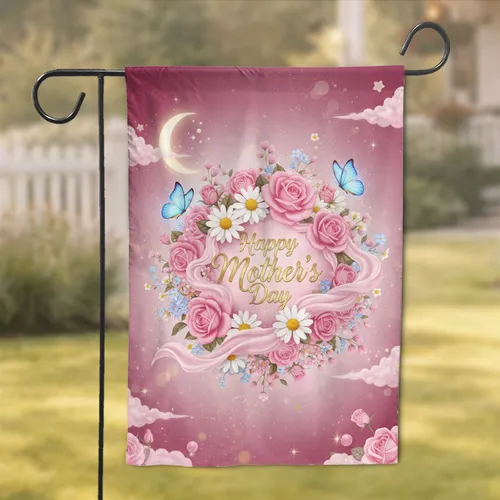 Pink Roses Daisies Butterflies Moon - Happy Mother's Day Gift for Mom Garden Flag