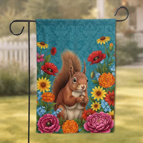 North American Red Squirrel Garden Flowers Botanical Border - Wildlife Lover Home Decor Gift Garden Flag