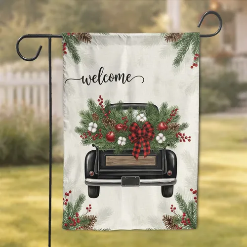 Vintage Black Pickup Truck Welcome Script Rustic Christmas Decor Garden Flag