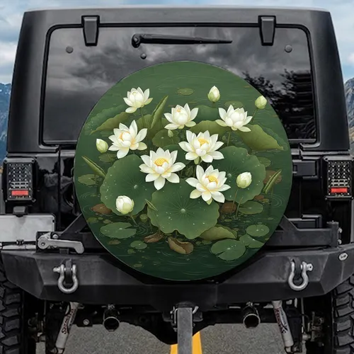 White Lotus Flowers Green Lily Pads - Zen Garden Decor Gift for Yoga Lover Spare Tire Cover