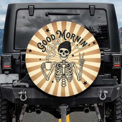 Skeleton Coffee Peace Sign Good Mornin - Unique Car Accessory Gift Spare Tire Cover