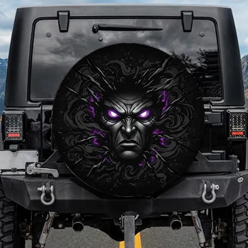 Angry Monster Face Glowing Purple Eyes Background - Horror Fan Gift Spare Tire Cover