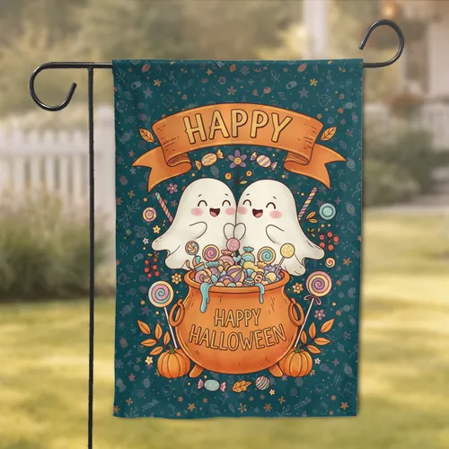 Friendly Cartoon Ghosts Cauldron Candy Pumpkin - Happy Halloween Holiday Decor Garden Flag