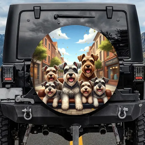 Schnauzer Dogs European Street Scene - Dog Lover Road Trip Gift Spare Tire Cover