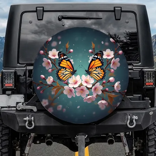 Monarch Butterflies Cherry Blossom Flowers - Nature Lover Outdoor Decor Gift Spare Tire Cover