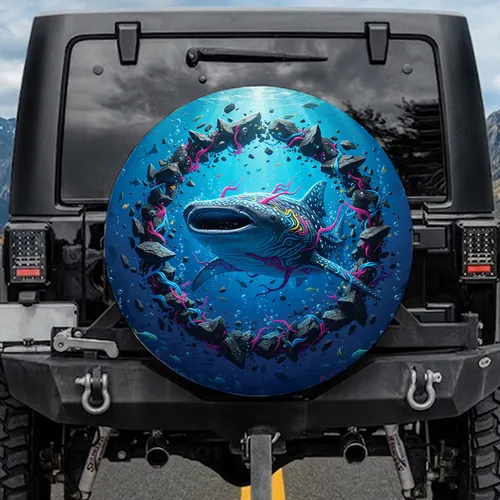 Swirling Tribal Whale Shark Fractured Rock Ocean - Wildlife Marine Life Lover Gift Spare Tire Cover
