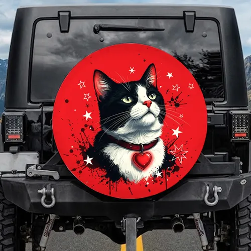 Black White Cat Red Heart Collar White Stars - Inquisitive Cat Lover Auto Decor Spare Tire Cover