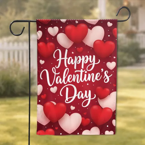 Happy Valentine's Day Script Floating Red Pink White Hearts - Valentine's Day Home Decor Garden Flag