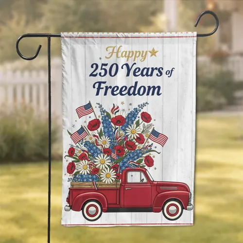 Vintage Patriotic Truck Flowers Flags - USA 250th Anniversary Independence Day Garden Flag