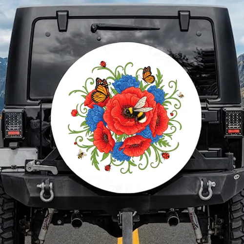 Red Poppies Monarch Butterflies Bumblebee Flowers - Wildlife Lover Gift Spare Tire Cover