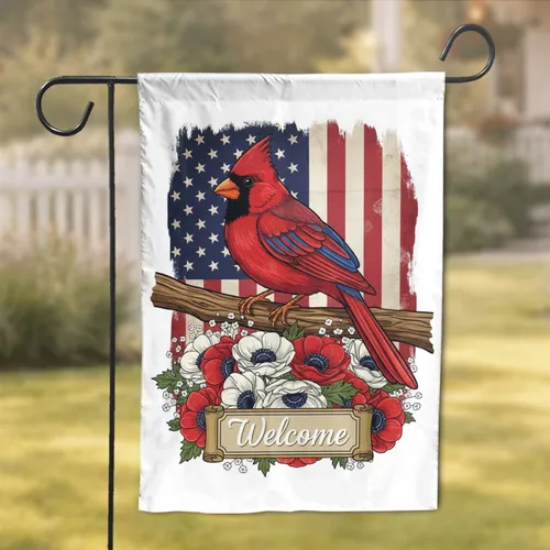 Majestic Red Cardinal Welcome Poppies American Flag - Patriotic Home Decor Gift Garden Flag