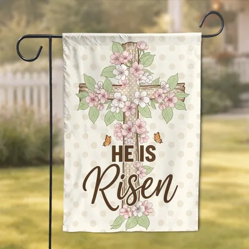 Easter Cross He Is Risen Cherry Blossoms - Religious Celebration Home Decor Garden Flag