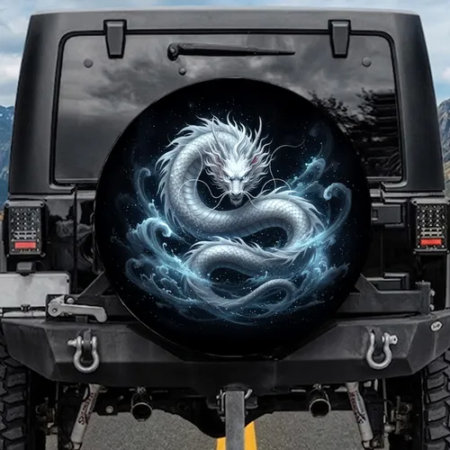 White Eastern Dragon Coiled Serpent - Ancient Mythology Lover Gift Spare Tire Cover