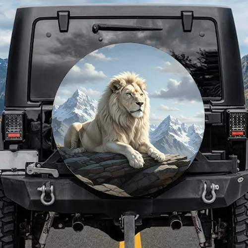 Majestic White Lion Flowing Mane Rugged Rocks Snowy Mountains Dramatic Clouds - Wildlife Lover Gift Spare Tire Cover