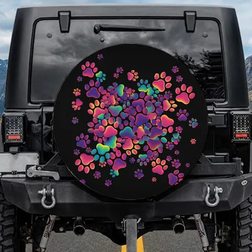 Vibrant Gradient Paw Prints Black Background - Pet Lover Everyday Car Accessory Spare Tire Cover