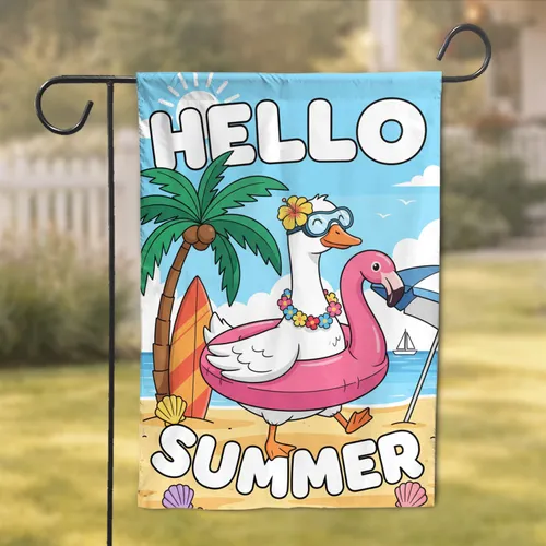Hello Summer Goose Flamingo Ring Beach - Summer Home Decor Gift for Beach Lover Garden Flag