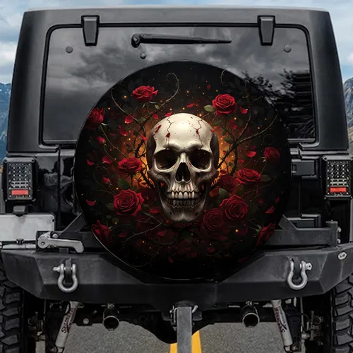Weathered Skull Red Roses Thorns - Gothic Lifestyle Gift for Dark Fantasy Lover Spare Tire Cover