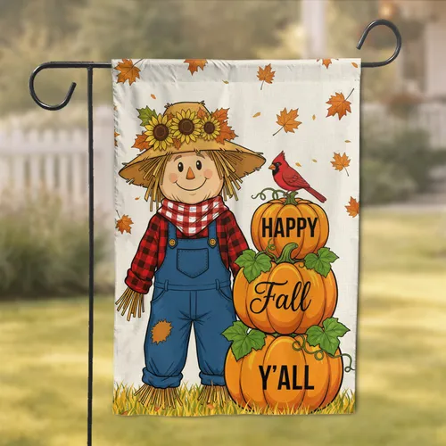 Scarecrow Happy Fall Y'All Pumpkins Cardinal Fall Home Decor Gift Garden Flag
