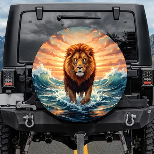 Majestic Lion Ocean Waves Sunset - Outdoor Adventure Wildlife Lover Gift Spare Tire Cover