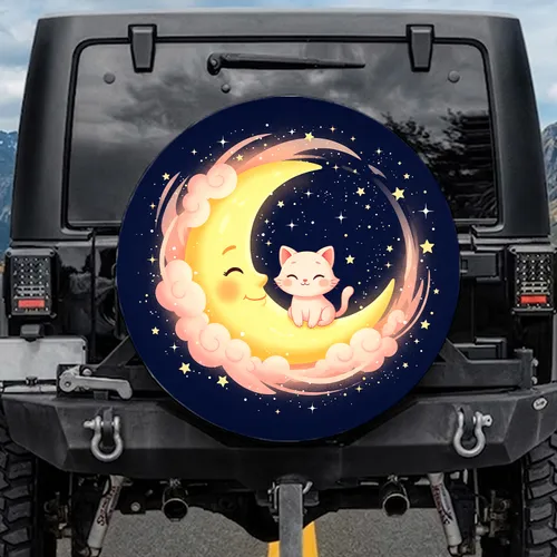 Cute Cat Smiling Moon Pink Clouds Stars - Celestial Lover Gift for Cat Lover Spare Tire Cover