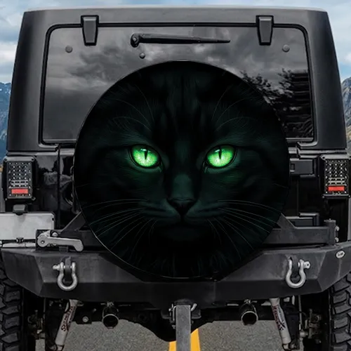Glowing Emerald Cat Eyes Black Feline Fur - Wildlife Lover Gift Spare Tire Cover