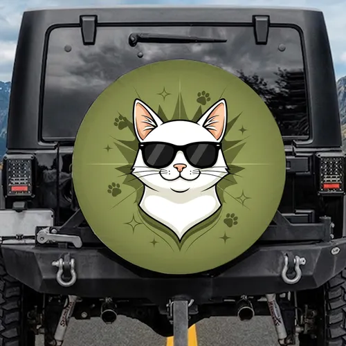 White Cat Black Sunglasses Paw Prints - Cat Lover Driver Gift Spare Tire Cover