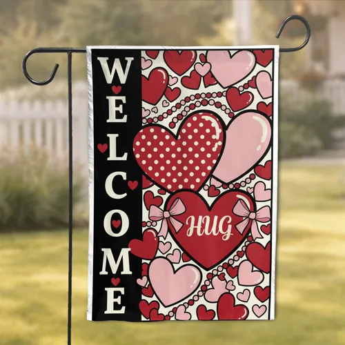 WELCOME HUG Red Pink Hearts Cluster Ribbon Beads - Affectionate Home Decor Gift Garden Flag